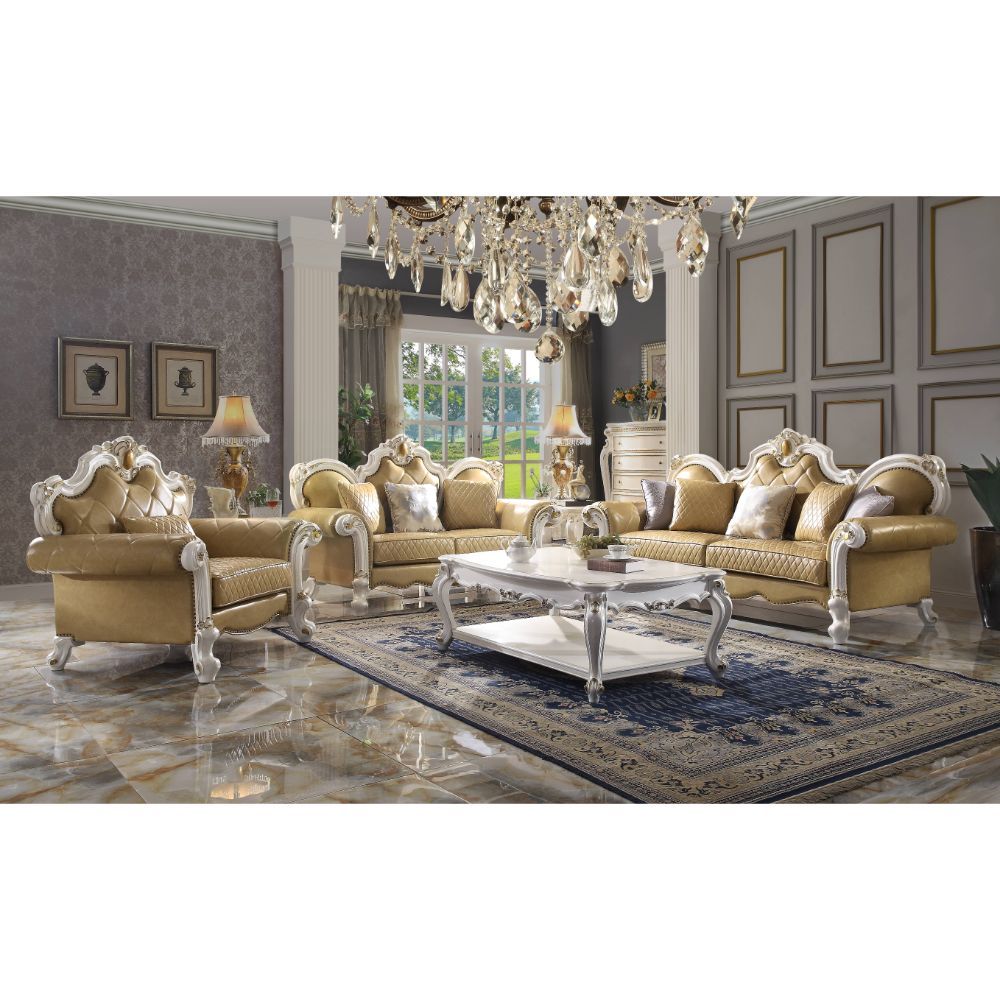 Acme Furniture Picardy Sofa W/5 Pillows in Butterscotch PU & Antique Pearl Finish 58210