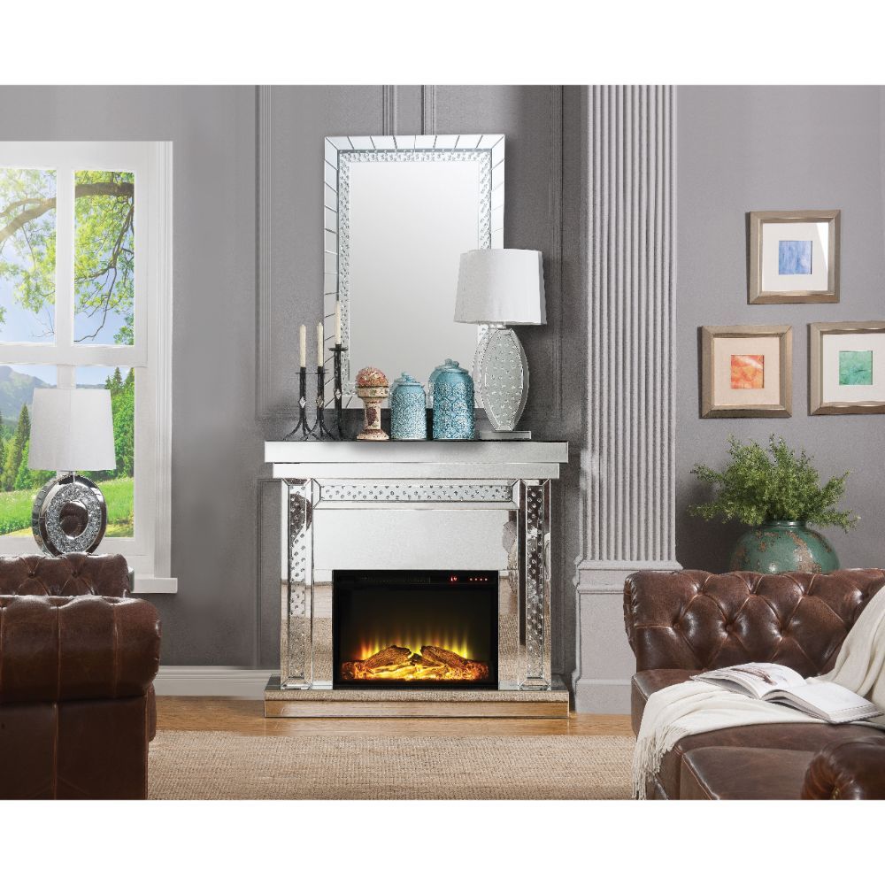 Acme Furniture Nysa Fireplace in Mirrored & Faux Crystals 90272