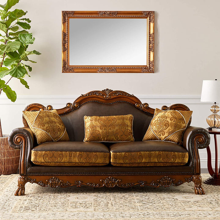 Acme Furniture Dresden Sofa W/3 Pillows in Brown PU & Chenille, Cherry Oak Finish 15160