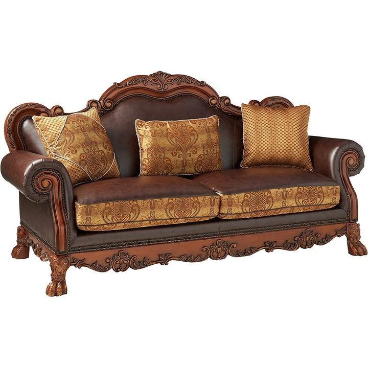 Acme Furniture Dresden Sofa W/3 Pillows in Brown PU & Chenille, Cherry Oak Finish 15160