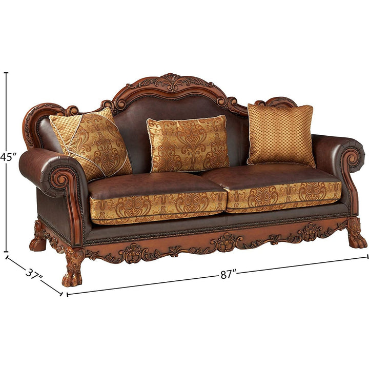 Acme Furniture Dresden Sofa W/3 Pillows in Brown PU & Chenille, Cherry Oak Finish 15160