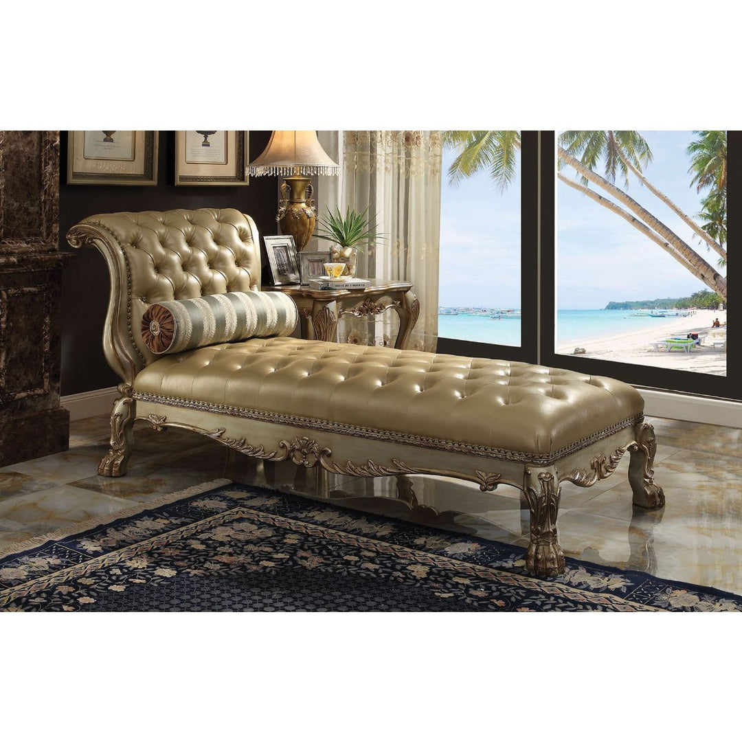 Acme Furniture Dresden Chaise W/1 Pillow in Bone PU & Gold Patina Finish 96489