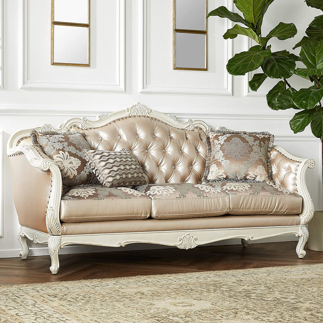 Acme Furniture Chantelle Sofa W/3 Pillows in Rose Gold PU/Fabric & Pearl White Finish 53540