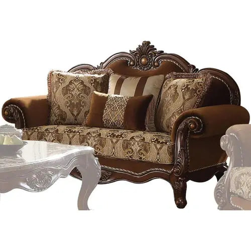 Acme Furniture Jardena Loveseat W/4 Pillows (Same 50656) in Pattern Fabric & Cherry Oak Finish LV01592