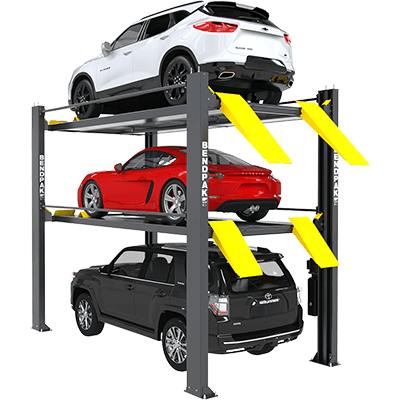BendPak HD-973PX Four-Post Platform Parking Lift (5175267) 9,000 and 7,000 Lb. Capacity / Tri-Level Parking Lift / Extended / High Lift / AVAILABLE NOW / PATENT PENDING