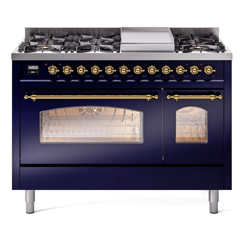 ILVE 48" Nostalgie II Series Freestanding Double Oven Dual Fuel Range with 8 Sealed Burners and Griddle (UP48FNMP)