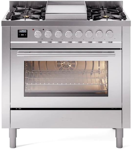 ILVE 36'' Professional Plus II Series Freestanding Double Oven Dual Fuel Range with 5 Sealed Burners and Griddle - (UP36FWMP)