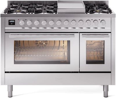 ILVE 48" Professional Plus II Series Freestanding Double Oven Dual Fuel Range with 8 Sealed Burners and Griddle - (UP48FWMP)