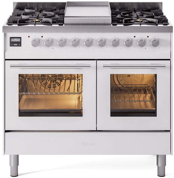 ILVE 40'' Professional Plus II Series Freestanding Double Oven Dual Fuel Range with 5 Sealed Burners and Griddle - (UPD40FWMP)