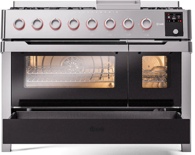 ILVE 48" Panoramagic Series Freestanding Double Oven Dual Fuel Range with 8 Sealed Burners and Griddle