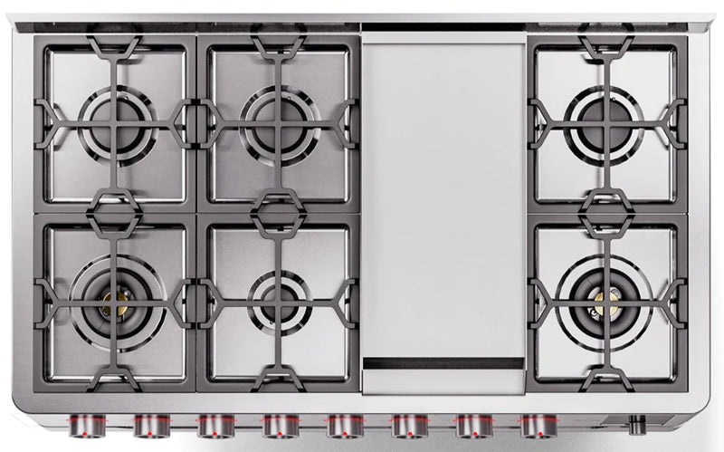 ILVE 48" Panoramagic Series Freestanding Double Oven Dual Fuel Range with 8 Sealed Burners and Griddle