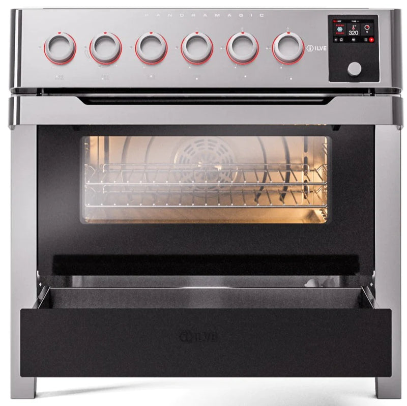 ILVE 36" Panoramagic Series Freestanding Electric Double Oven Range with 5 Elements, Triple Glass Cool Door, Convection Oven, TFT  - Oven Control Display and Child Lock