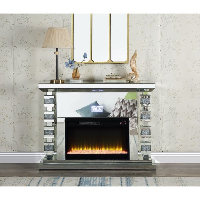 Acme Furniture Noralie Fireplace W/Bluetooth in Mirrored & Faux Diamonds AC00509