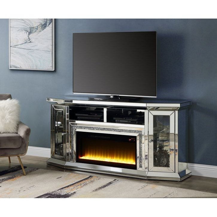 Acme Furniture Noralie Tv Stand W/Fireplace & Led in Mirrored & Faux Diamonds AC00517