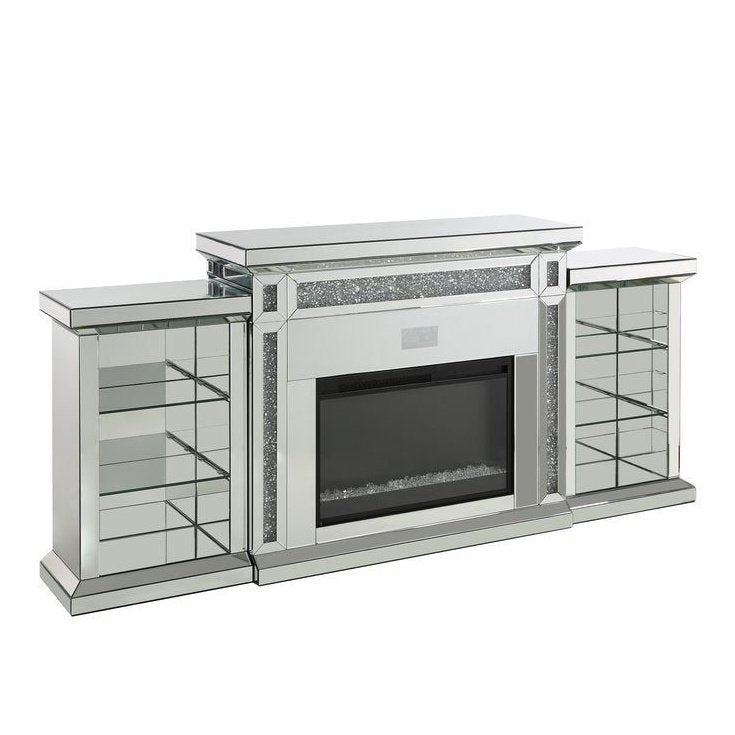 Acme Furniture Noralie Fireplace W/Bluetooth & Led-Center in Mirrored & Faux Diamonds AC00518-1