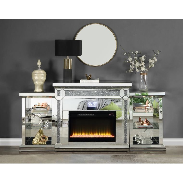 Acme Furniture Noralie Fireplace W/Bluetooth & Led-Center in Mirrored & Faux Diamonds AC00518-1