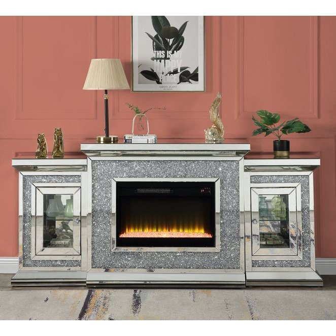Acme Furniture Noralie Fireplace W/Led in Mirrored & Faux Diamonds AC00522