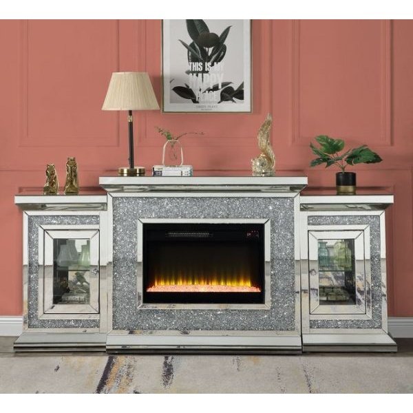 Acme Furniture Noralie Fireplace W/Led-Center in Mirrored & Faux Diamonds AC00522-1