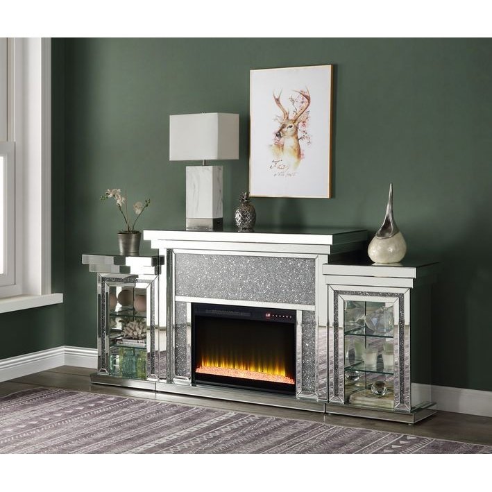 Acme Furniture Noralie Fireplace W/Led-Center in Mirrored & Faux Diamonds AC00524-1