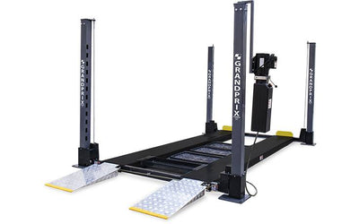 GrandPrix GP-9XLT Four-Post Car Lift Package (5175257) 9,000-lb. Capacity / High Lift / Extended Length / Includes Aluminum Ramps, Caster Kit, Jack Platform and Drip Trays