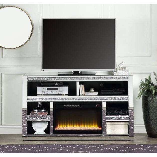 Acme Furniture Noralie Tv Stand W/Fireplace in Mirrored & Faux Diamonds LV00311