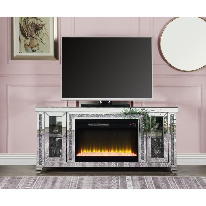 Acme Furniture Noralie Tv Stand W/Fireplace & Led in Mirrored & Faux Diamonds LV00315