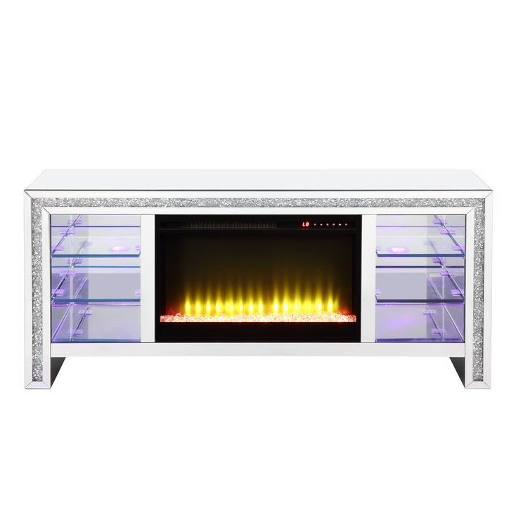 Acme Furniture Noralie Tv Stand W/Fireplace & Led in Mirrored & Faux Diamonds LV00317