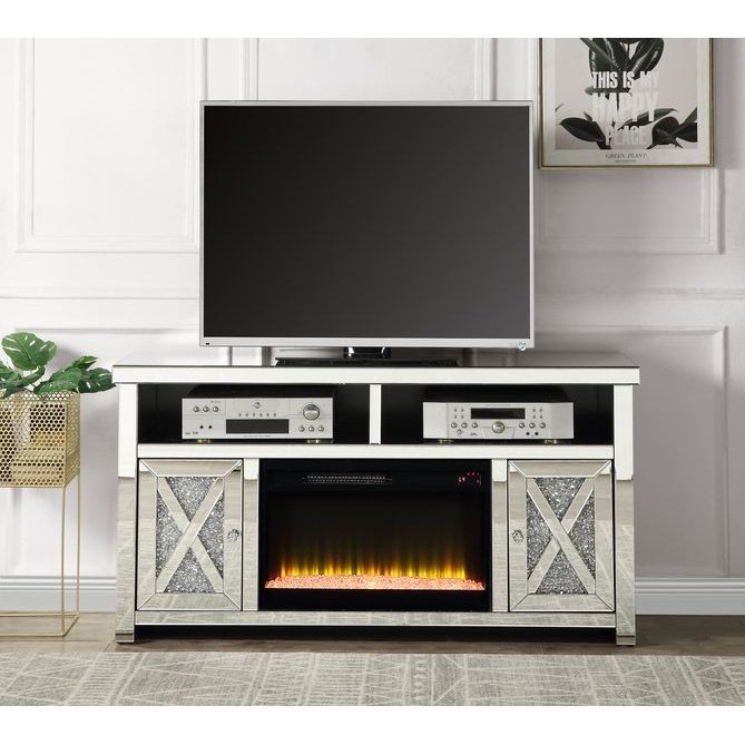 Acme Furniture Noralie Tv Stand W/Fireplace in Mirrored & Faux Diamonds LV00318
