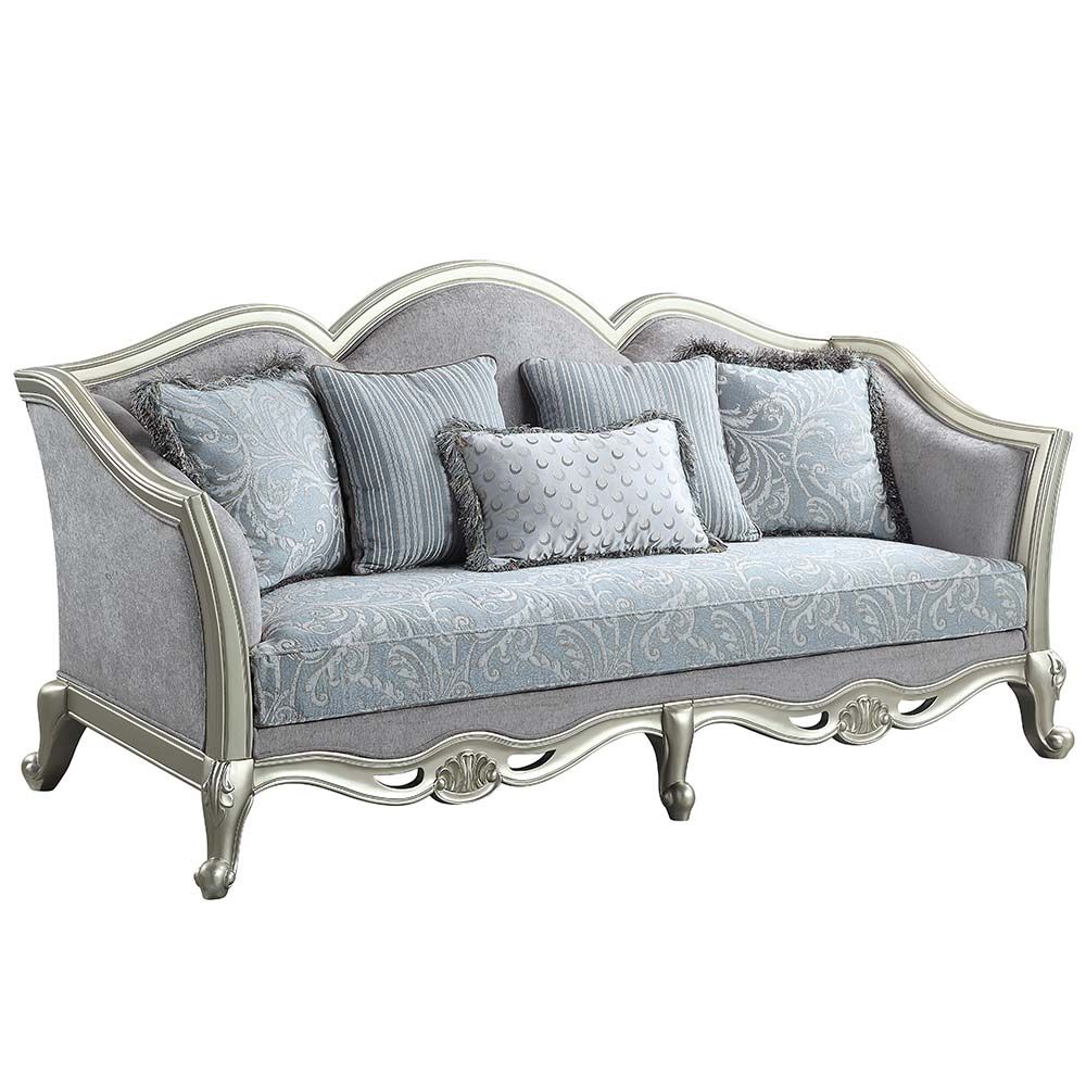 Acme Furniture Qunsia Sofa W/5 Pillows in Light Gray Linen & Champagne Finish LV01117