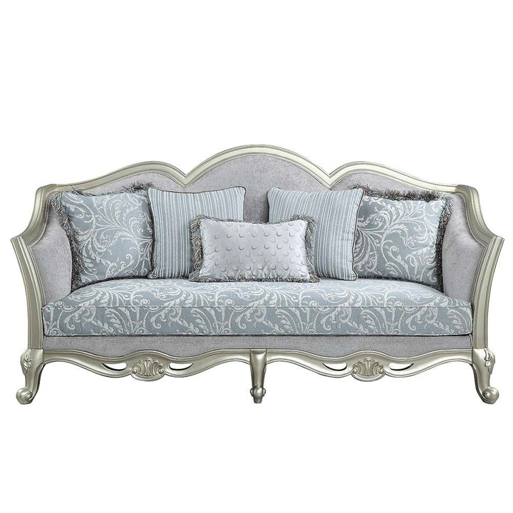 Acme Furniture Qunsia Sofa W/5 Pillows in Light Gray Linen & Champagne Finish LV01117