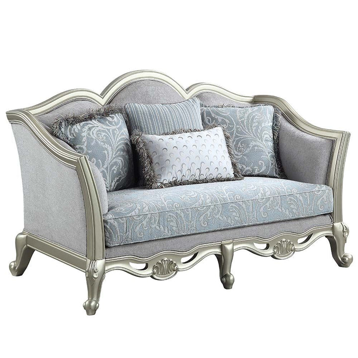 Acme Furniture Qunsia Loveseat W/4 Pillows in Light Gray Linen & Champagne Finish LV01118