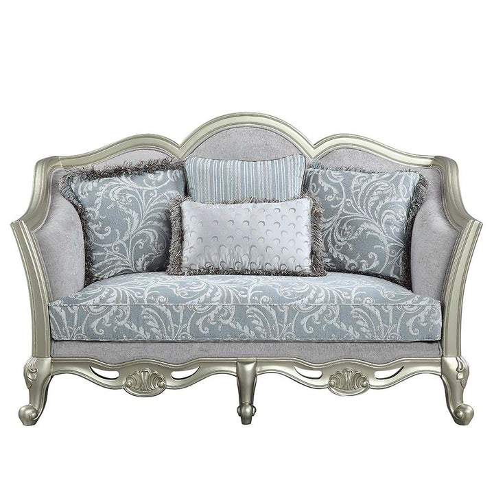 Acme Furniture Qunsia Loveseat W/4 Pillows in Light Gray Linen & Champagne Finish LV01118