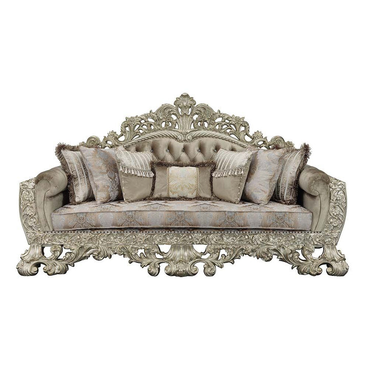 Acme Furniture Sorina Sofa W/7 Pillows in Velvet, Fabric & Antique Gold Finish LV01205