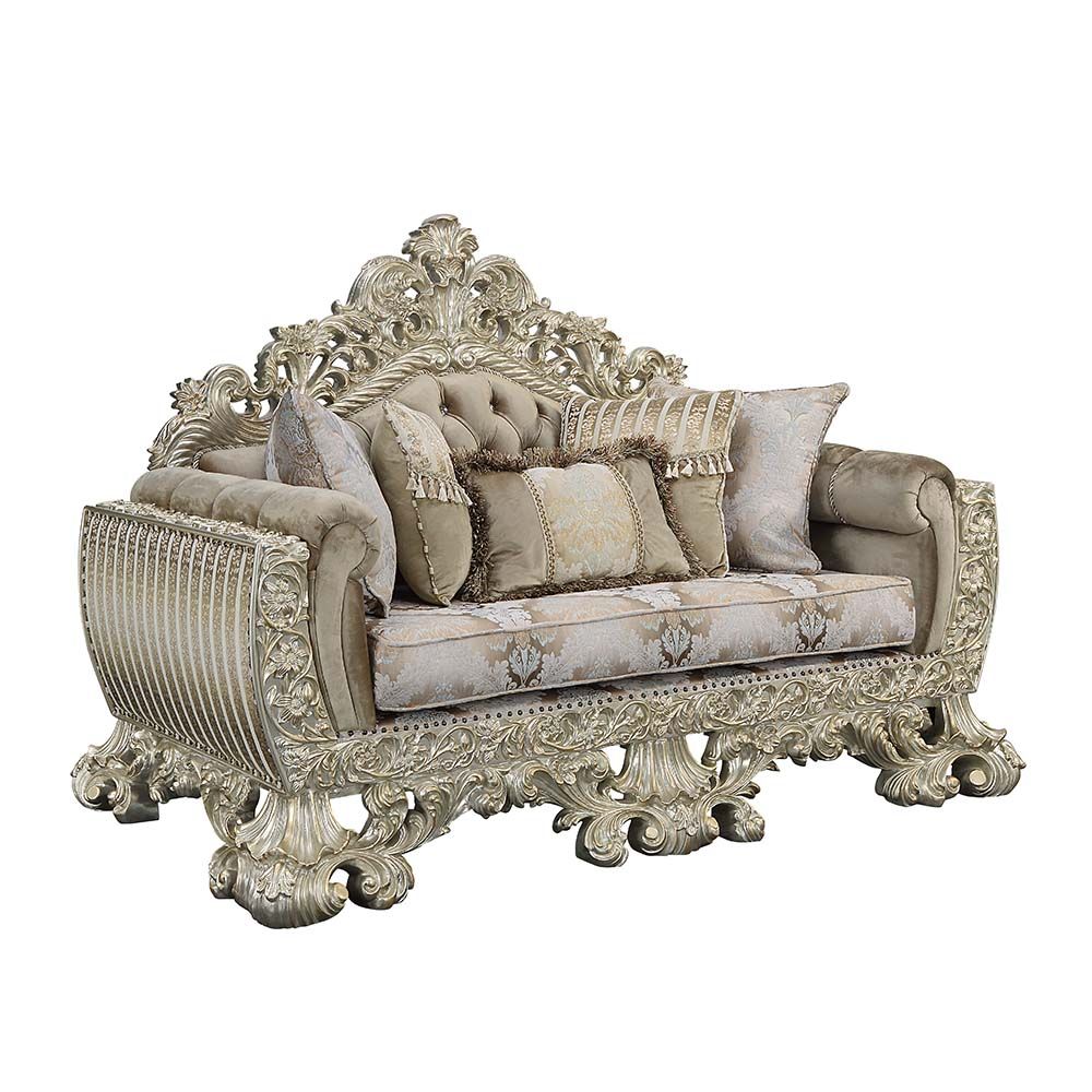 Acme Furniture Sorina Loveseat W/5 Pillows in Velvet, Fabric & Antique Gold Finish LV01206