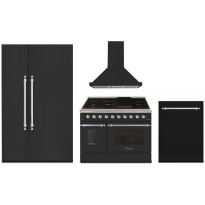 Hallman 4-Pc Kitchen Package w/ 48" Pro Range, 48" Free-Standing Refrigerator, 24" Dishwasher and 48" Hood Classico Stainless Steel