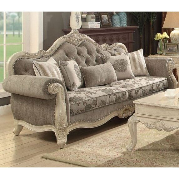 Acme Furniture Ragenardus Sofa W/5 Pillows in Gray Fabric & Antique White Finish 56020