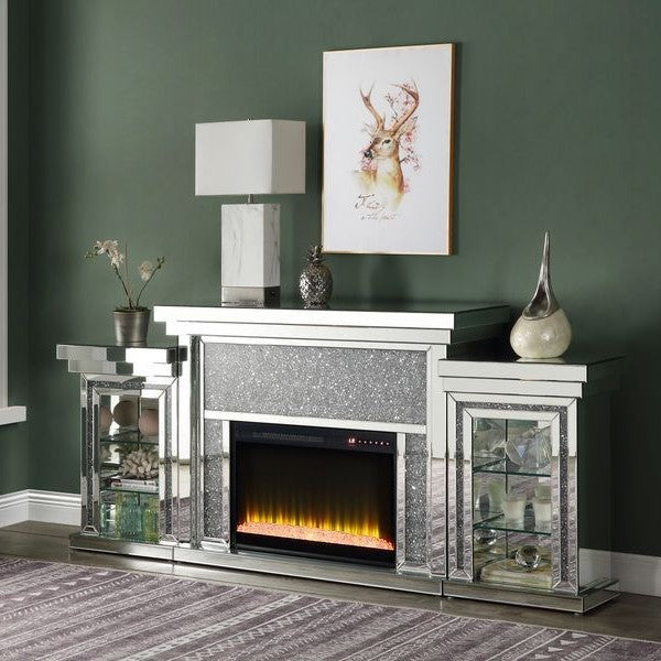 Acme Furniture Noralie Fireplace W/Led in Mirrored & Faux Diamonds AC00524