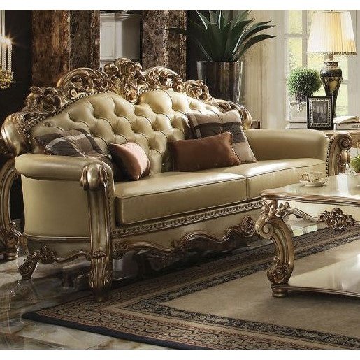 Acme Furniture Vendome Sofa W/4 Pillows in Bone PU & Gold Patina Finish 53000