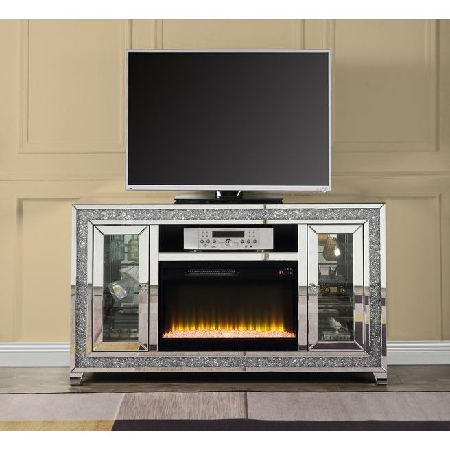 Acme Furniture Noralie Tv Stand W/Fireplace & Led in Mirrored & Faux Diamonds LV00316