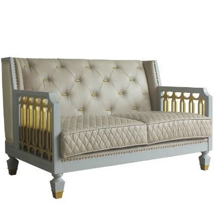 Acme Furniture House Marchese Loveseat W/2 Pillows in Pearl White PU, Two Tone Beige Fabric, Gold & Pearl Gray Finish 58866