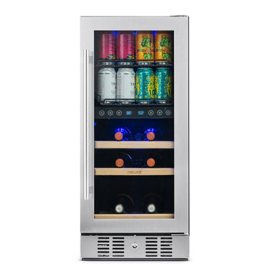 Newair 15” Premium Built-in Dual Zone 9 Bottle and 48 Can Wine and Beverage Fridge in Stainless Steel with SplitShelf™ (NWB057SS00)