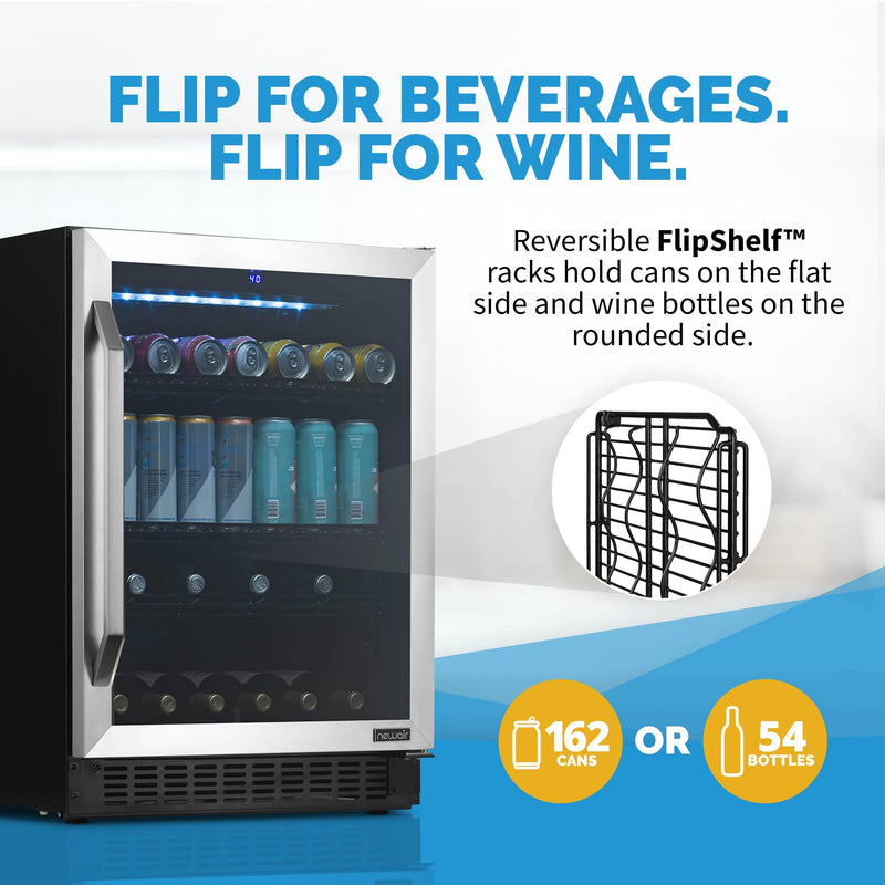 Newair FlipShelf™ 24" 162 Can or 54 Bottle, Built-in or Freestanding Wine and Beverage Fridge with Reversible Shelves (NWB180SS00)