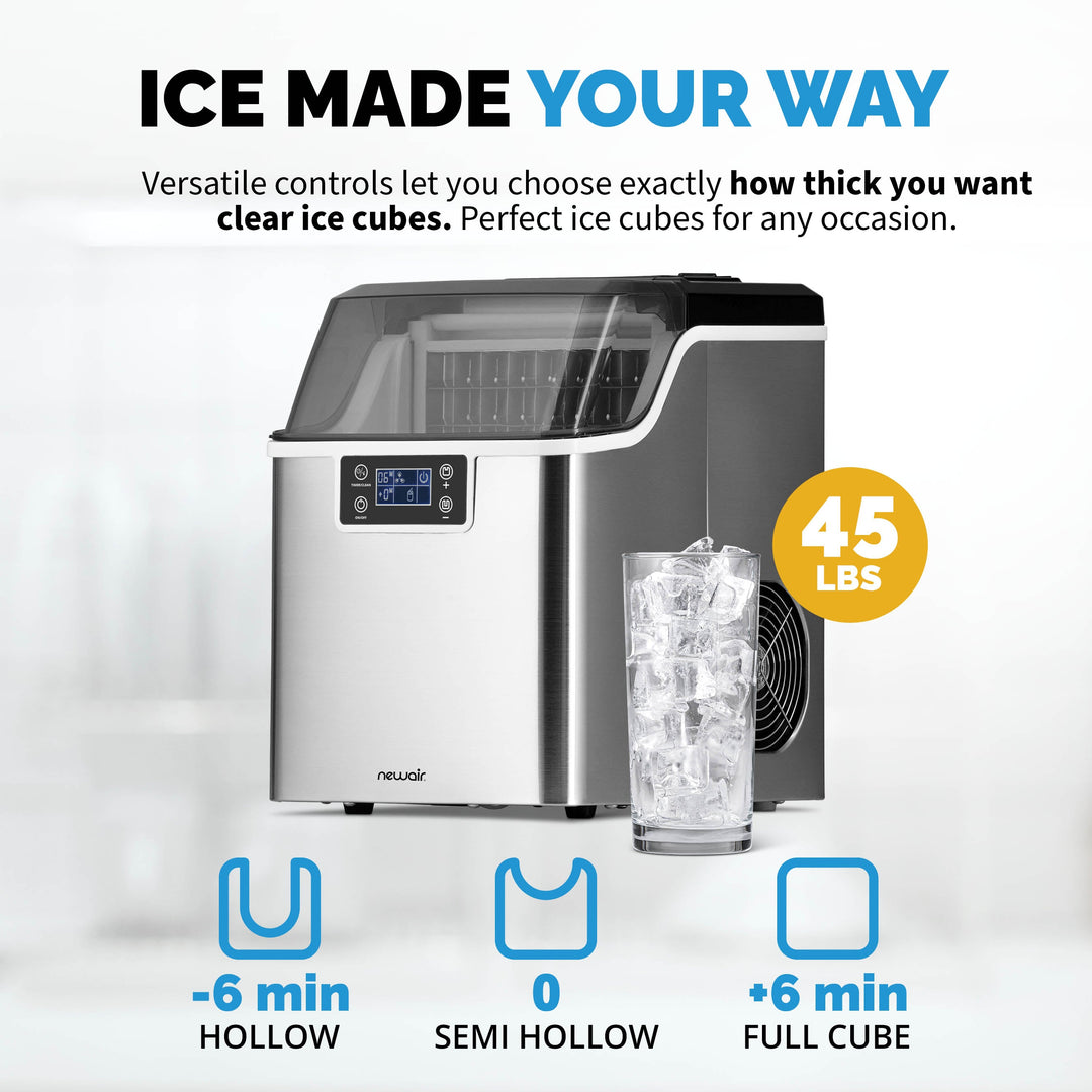 Newair Countertop Clear Ice Maker, 45 lbs. of Ice a Day with FrozenFallTM Technology, Custom Ice Thickness Settings, 1-Gallon Water Bottle Dispenser, 24-Hour Timer, Automatic Self-Cleaning Function, BPA-Free Parts and Oversized Ice Viewing Window