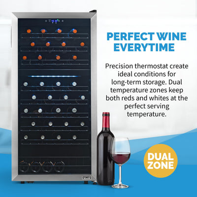Newair Freestanding 76 Bottle Dual Zone Wine Fridge with Low-Vibration Ultra-Quiet Inverter Compressor and Adjustable Racks (NWC076SS00)