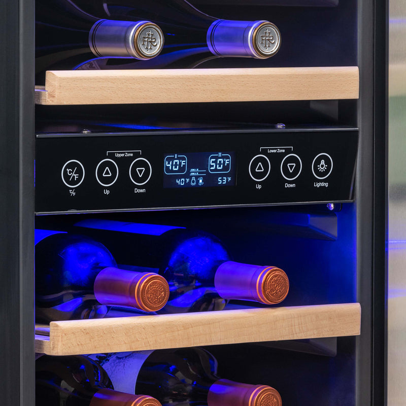 Newair 15” Built-in 29 Bottle Dual Zone Wine Fridge in Stainless Steel, Quiet Operation with Beech Wood Shelves