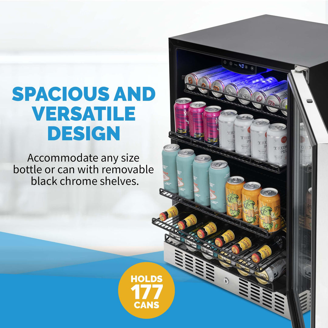 Newair 24” Built-in 177 Can Beverage Fridge in Stainless Steel with Triple-Pane Glass (NBC177SS00)