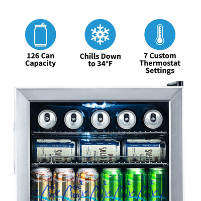 Newair 126 Can Freestanding Beverage Fridge in Stainless Steel, with 4-Adjustable Shelves (NBC126SS02)