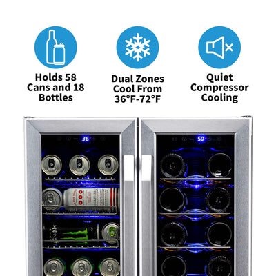Newair 24” Built-in Dual Zone 18 Bottle and 58 Can Wine and Beverage Fridge in Stainless Steel with Chrome Shelves (AWB-360DB)