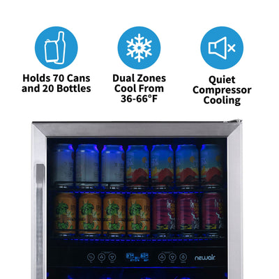 Newair 24” Built-in Dual Zone 20 Bottle and 70 Can Wine and Beverage Fridge in Stainless Steel with SplitShelf™ and Smooth Rolling Shelves (AWB-400DB)