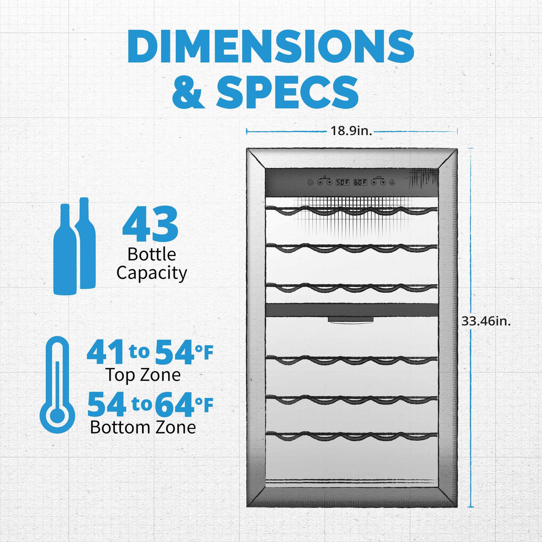 Newair Freestanding 43 Bottle Dual Zone Wine Fridge in Stainless Steel with Adjustable Racks (NWC043SS00)